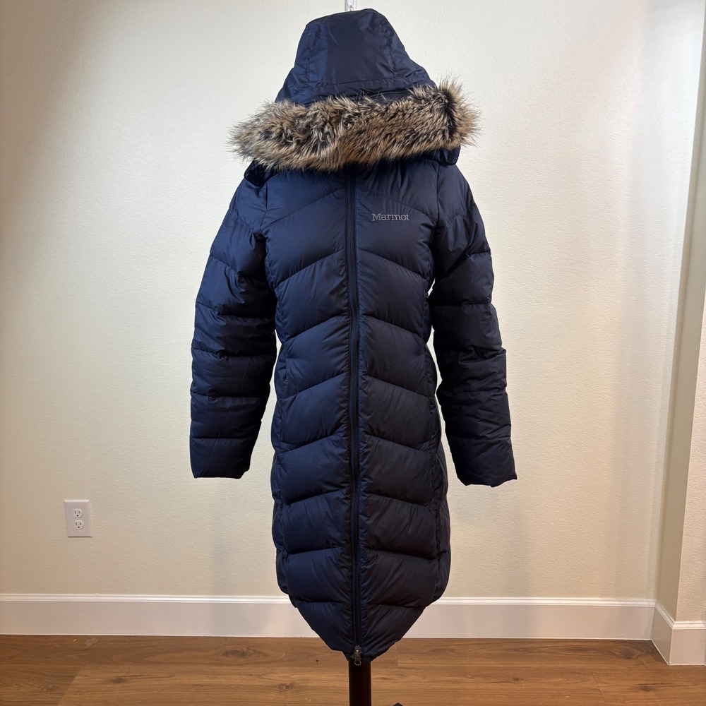 Marmot Montreaux Coat Women Medium‎ Navy 700-Fill Down Faux Fur G78090